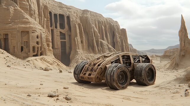 Futuristic high tech spacecraft navigating the rocky arid terrain of an alien planet  Advanced energy propulsion system powers this cutting edge interplanetary vehicle through the desolate