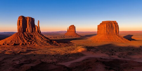Naklejka premium Majestic monument valley at sunrise with stunning red rock formations and clear blue sky.