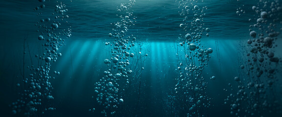 Underwater scene with teal water, rising bubbles, and submerged plants, evoking serenity and mystery, ideal for aquatic or nature themes