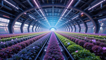 Innovative hydroponic farming techniques futuristic greenhouse photography indoor environment wide-angle view modern agriculture concept