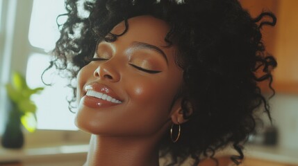 Obraz premium A Black woman styling her natural curls with a hydrating cream, detailed shot of her textured hair, joyful expression, home setting