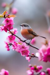 Fototapeta premium Colorful bird perched on blooming pink cherry blossom branch.