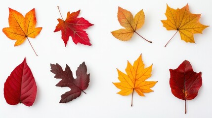 Fototapeta premium Assortment of colorful autumn leaves displayed on white background.