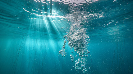 Underwater scene of rising bubbles in teal water, sunbeams piercing through surface, aquatic plants visible, evoking serenity and purity of nature