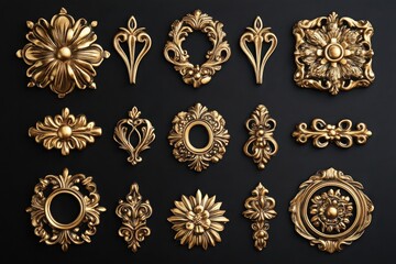 Collection of ornate golden decorative elements arranged on a dark background surface art design