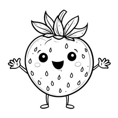 Obraz premium Coloring page for kids. Happy strawberry with arms raised, showcasing a cheerful expression in a simple black and white design for coloring