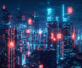 Fototapeta premium Futuristic city skyline at night featuring glowing neon lights, digital symbols, and holographic elements, part of a cyberpunk-inspired series exploring technology and futuristic urban environments.