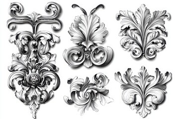 Detailed pencil drawings of baroque floral ornaments on a white background artistic rendering