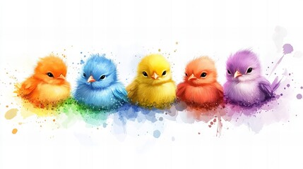 Five colorful chicks are lined up in a row against a white background, displayed in watercolor style with splashes of orange, blue, yellow, red, and p