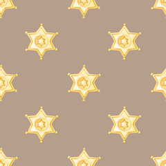 Sheriff badge. Watercolor cowboy themed seamless pattern. Cute watercolor illustration for kids
