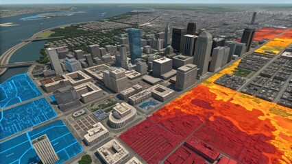 Fototapeta premium Urban heat island effect analysis in cityscape temperature variations aerial view environmental impact