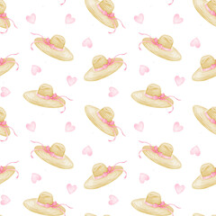 sun hat. Watercolor seamless pattern in pastel colors. Cute illustration on the theme of rest, vacation