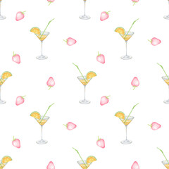 cocktail. Watercolor seamless pattern in pastel colors. Cute illustration on the theme of rest, food, vacation