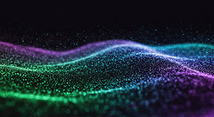 Light green and purple lines glowing in the background, bits of data floating in the air.