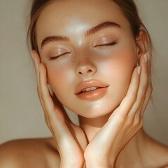 Naklejka premium A young woman with flawless skin gently touches her face in soft sunlight showcasing natural beauty and healthy complexion.