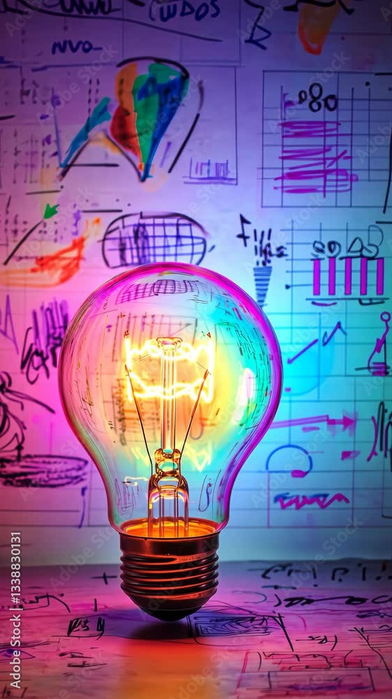 Aufkleber A vibrant light bulb stands out against a colorful backdrop of business graphs and charts, symbolizing the journey of continuous innovation in technology and modern business practices