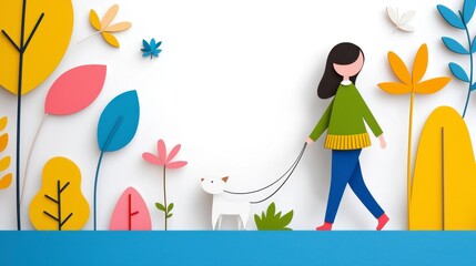 Girl Walking Dog Autumnal Pixel Art Illustration