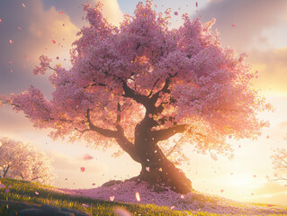 A majestic cherry blossom tree in full bloom, bathed in golden sunlight. Delicate pink petals gently falling, creating a dreamy, romantic spring scene. Perfect for nature, tranquility, and floral them