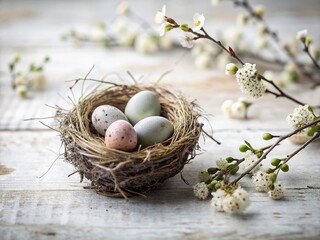 Obraz premium Rustic Bird Nest with Painted Eggs - Spring Minimalist Farmhouse Decor Stock Photo