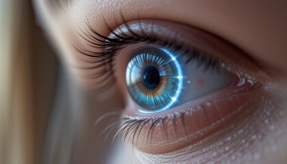 Obraz premium Futuristic eye technology showcase urban environment digital art close-up view visual innovation concept for enhanced perception