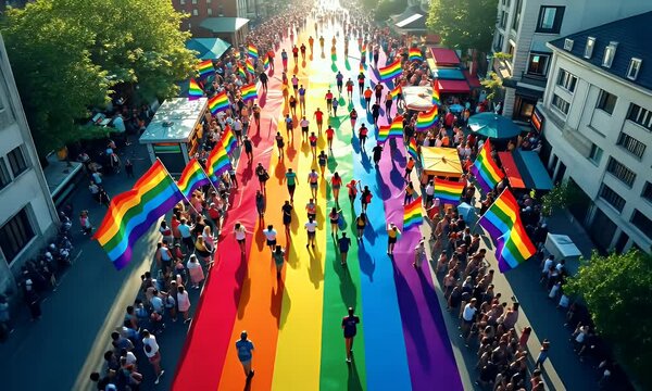 Aerial View Of A Vibrant Celebration With Colorful Flags And Diverse Crowd