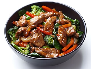 Fototapeta premium Delicious and healthy stir-fry with succulent beef and vibrant mixed vegetables served in a dark bowl on a white background.