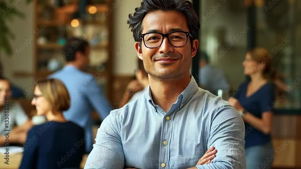 Aufkleber a poised businessman stands with arms crossed, smiling at the camera in a contemporary workspace. ba