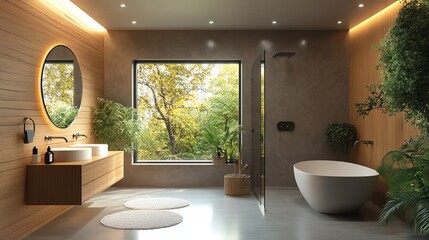 Fototapeta premium Modern bathroom interior with glass shower, wooden walls, and stylish mirror 3D Rendering