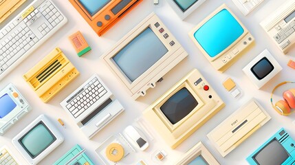 Seamless pattern featuring a retro 80s computer and technology design including vintage floppy disks old school monitors and pixelated fonts creating a nostalgic and geeky aesthetic for digital art