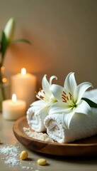 White lilies, candles, towels, bath salts, spa ambiance, petals, minimal, organic