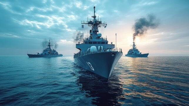Naval warships in a dynamic formation on the open sea.  Modern military vessels steaming in a row