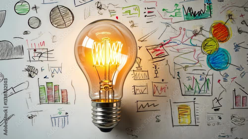 Poster a glowing lightbulb shines against a dynamic backdrop of colorful business graphs and sketches, symb