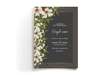 WEDDING INVITATION FRAME WITH FLOWER DECORATIONS AND FRESH LEAVES