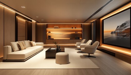 Modern conference room interior with a sleek desk, beige chairs, and a large presentation screen on a wooden floor background 3D Rendering