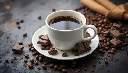 Fototapeta premium A cup of strong white coffee, rich chocolate and aromatic coffee beans.