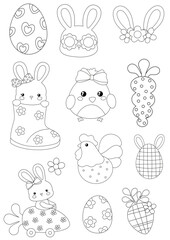 Digistamp Coloring page of illustrations of rabbits, Easter eggs, chickens, Easter carrots, a bunny on a carrot car