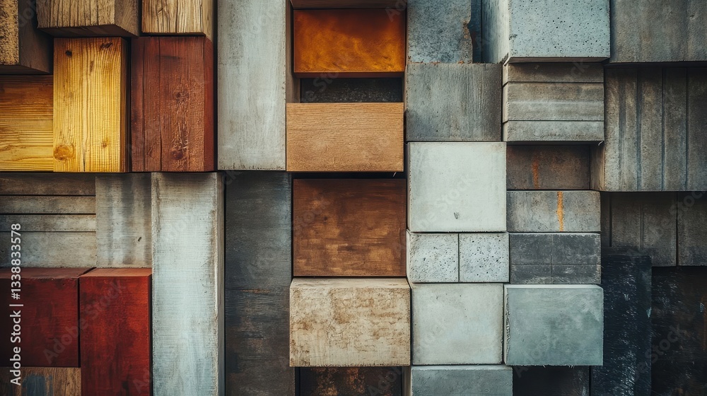 Poster textured wall featuring a colorful assortment of wood and metal panels in various finishes displayed