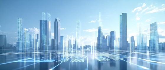 Futuristic city skyline with digital elements and clear sky