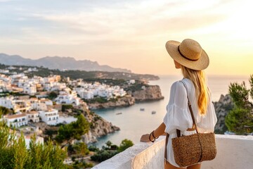 Obraz premium Tourist enjoying sunset over idyllic coastal town in the mediterranean sea