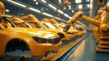 Obraz premium Robotic Arms Assembling Cars in Modern Factory Highlighting Industrial Automation and Advanced Manufacturing Techniques