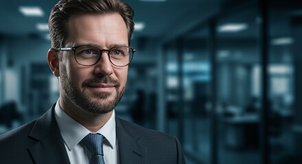 Obraz premium Confident Executive Portrait: A distinguished businessman, radiating confidence and professionalism, is captured in a close-up shot, set against the backdrop of a modern office.