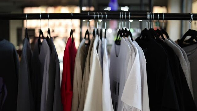 A neatly arranged clothing rack displaying a variety of casual t-shirts and sweatshirts in neutral tones. The soft fabrics and minimalist palette create a stylish and modern fashion aesthetic.