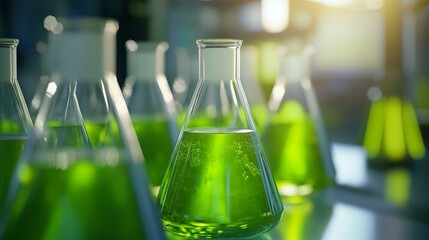 Flasks of Bright Green Algae Biofuel in Laboratory Setting Highlighting Sustainability and Renewable Energy Innovation