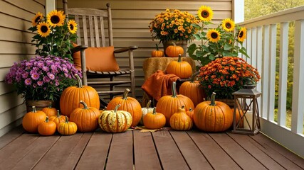Autumnal Porch Scene: A cozy, inviting porch adorned with pumpkins, sunflowers, and vibrant autumnal blooms, creating a warm and festive atmosphere.