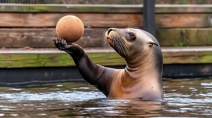 Fototapeta premium Zookeepers demonstrating animal training techniques to visitors as a large sea lion balances a ball in a captivating aquarium setting The sea lion s wet