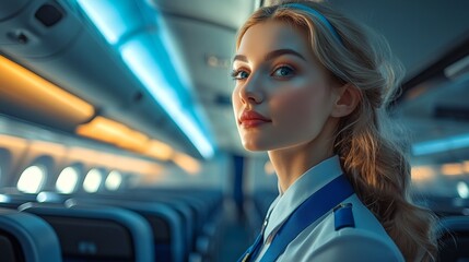 Obraz premium A Young Stewardess in Uniform Standing Inside an Airplane Cabin With Confident and Professional Expression Highlighting Hospitality and Aviation Service