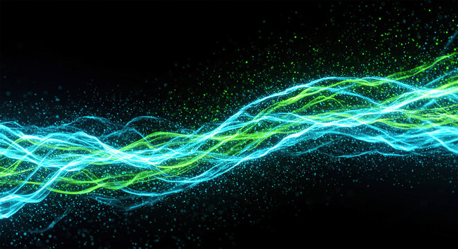 Background with glowing light blue and green lines, particles of data flowing in the air. - Powered by Adobe