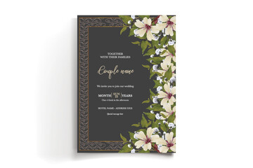 WEDDING INVITATION FRAME WITH FLOWER DECORATIONS AND FRESH LEAVES