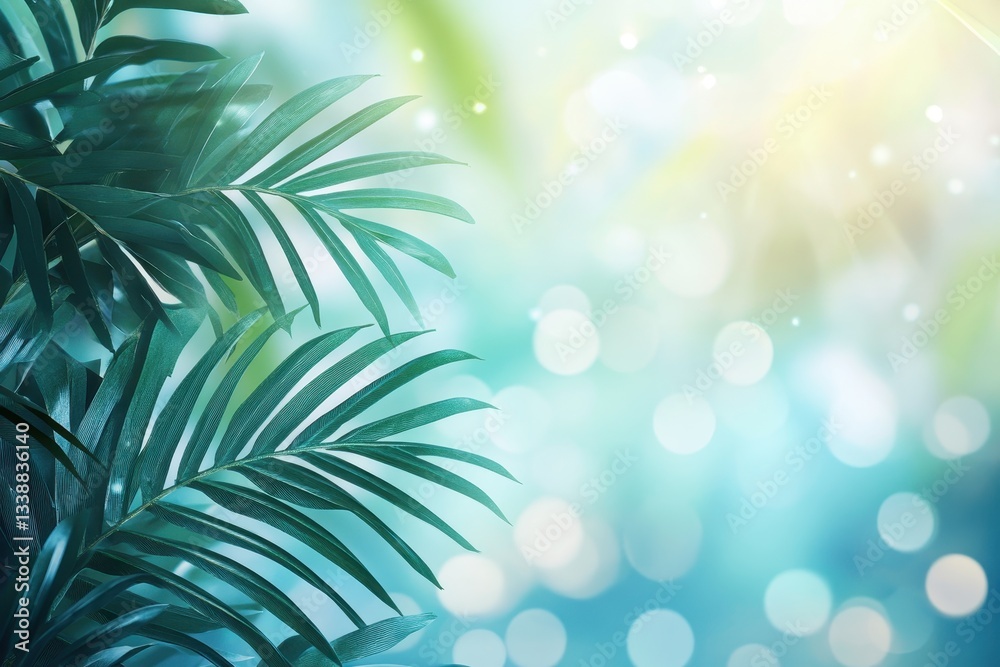 Aufkleber Lush green palm leaves basking in warm sunlight with soft bokeh background, creating a serene tropical atmosphere
