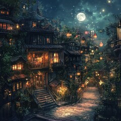 Moonlit fantasy village at night